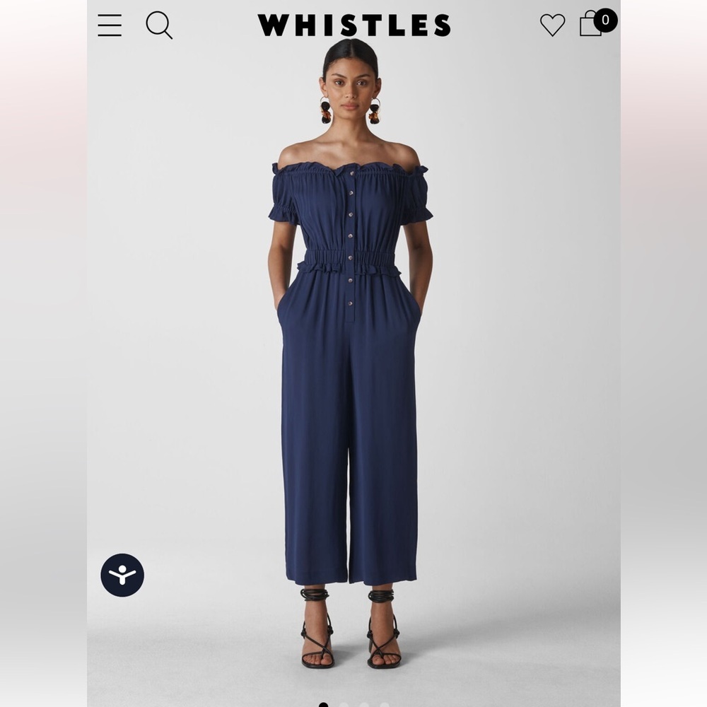 Whistles‎ Rosalia Bardot Navy Blue Off Shoulder Wide Leg Jumpsuit US 8
